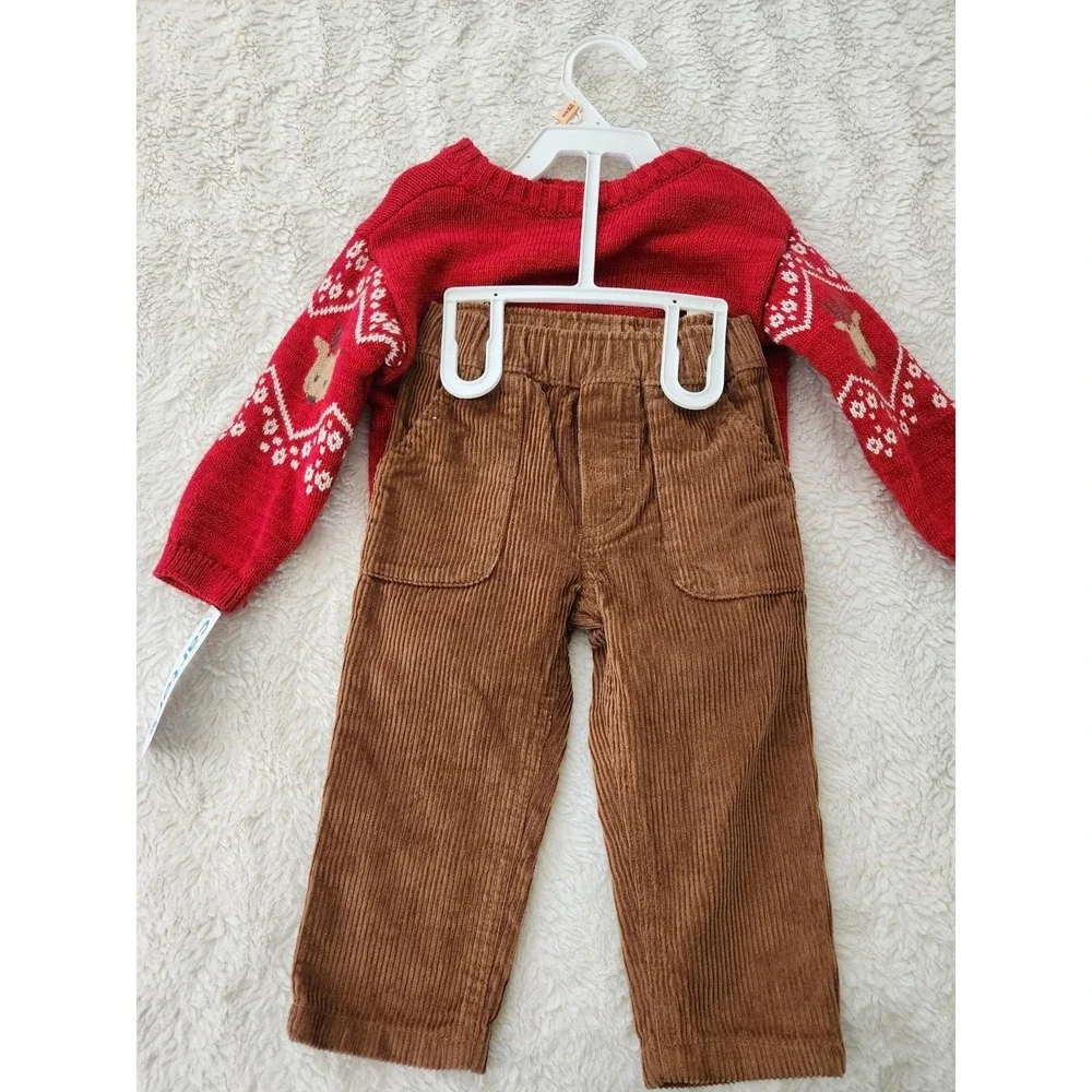 Carter's Baby Boy Christmas Reindeer Sweater Corduroy Pants Set 12M NWT Holiday